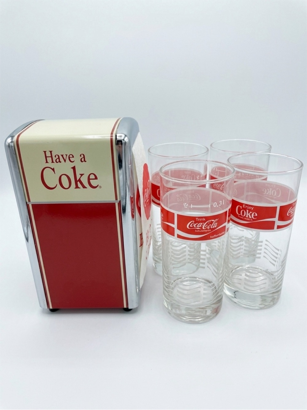 Vintage Retro Coca Cola Chrome Napkin Dispenser 4 Cola Glasses Collectible